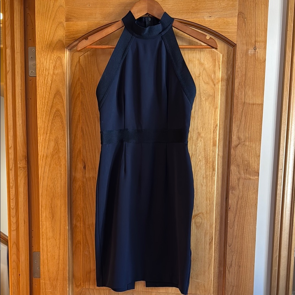 Navy knee-length sheath dress with high neckline for cocktail